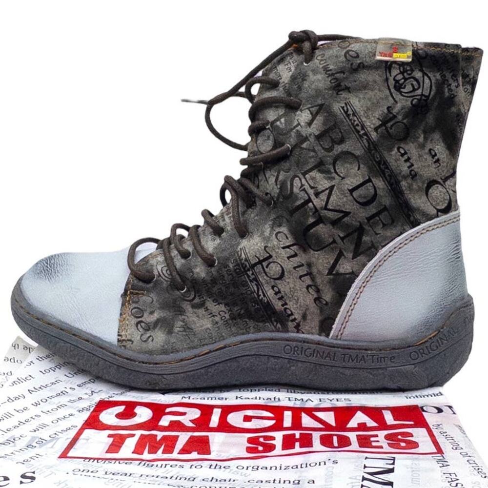 TMA EYES Leather Patchwork Lace-Up Combat Boot Women's 8.5 Light Blue Gray